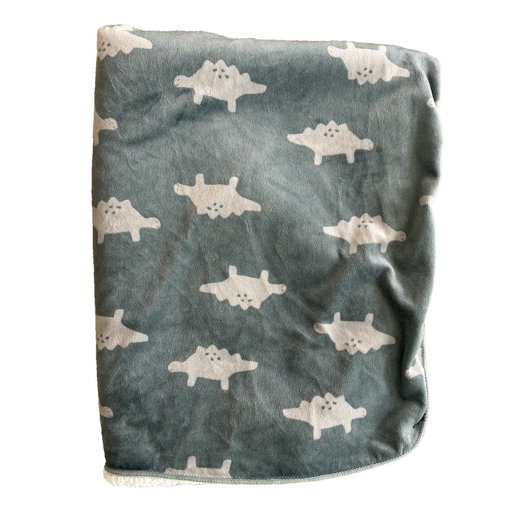 Carters Baby Blanket Stegosaurus Dinosaur Gray Blue Sherpa Backing